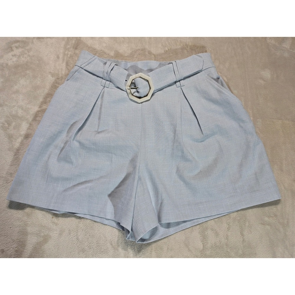 Rachel Zoe Light Blue Belted Pleated Shorts High Rise Hexagon Buckle Size 6